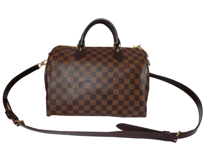 Louis Vuitton Speedy 30 bandoleer damier Brown Leather Cloth ref.46768 -  Joli Closet