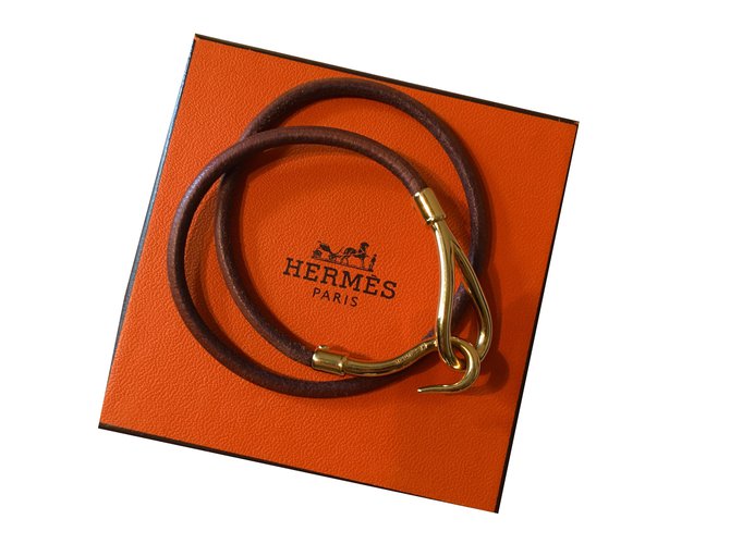 Hermès Bracelet Hermes Jumbo double tours Cuir Métal Marron Doré  ref.46878