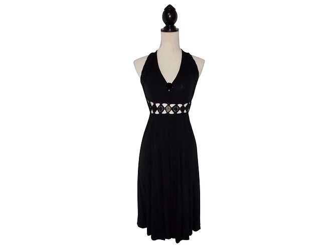 Vestido Faust Preto de Viscose com Decote Halter e Pérolas