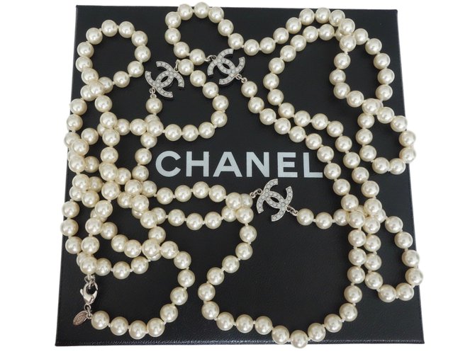 Chanel Colar longo Branco Pérola  ref.47140