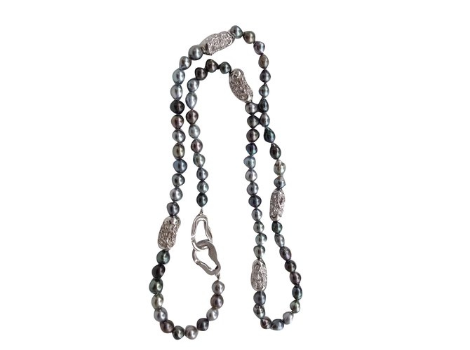 Autre Marque Long necklaces Grey Silver  ref.47302