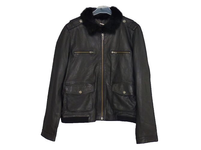 One step Black Lamb Leather Jacket with Rabbit Fur Collar
