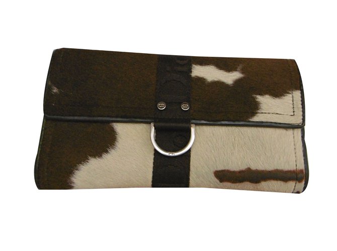 Christian Dior Borsa lunga pochette portafogli in pelle di cavallino Beige Stampa leopardo Marrone scuro Crine  ref.48240