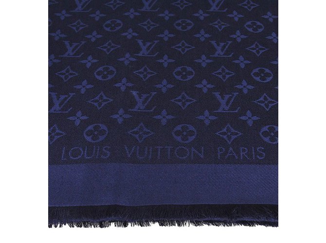 Louis Vuitton Bufanda clásica del monograma Azul Seda  ref.48260