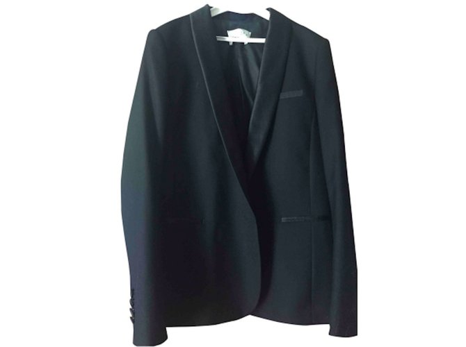 SANDRO PARIS Black Wool Shawl Collar Jacket  ref.48353