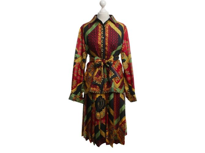 Completo gonna e camicetta in seta Hermès multicolore