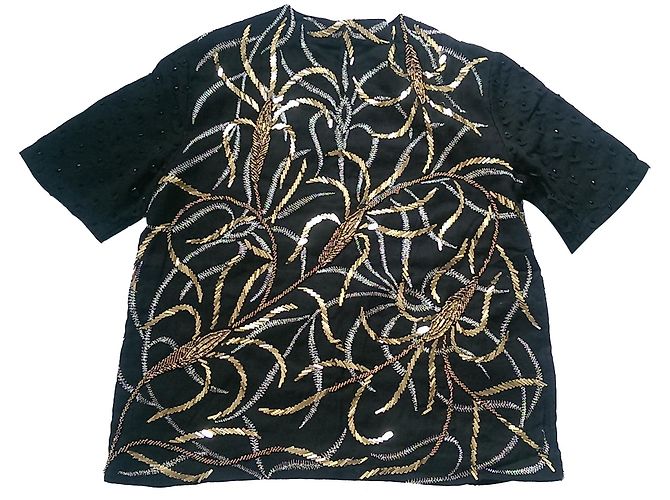 Antik Batik Top Túnica de Algodón Negro con Bordado Dorado