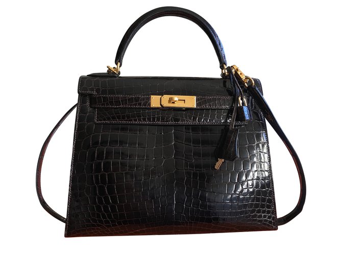 Hermès HERMES Kelly Crocodile Niloticus Ébano Couros exóticos  ref.49523