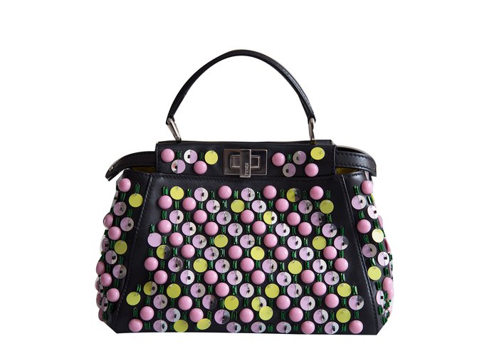 Fendi Mini Peekaboo Bag Embellished Embroidered Apple Satchel Black Pink Yellow Leather  ref.49642