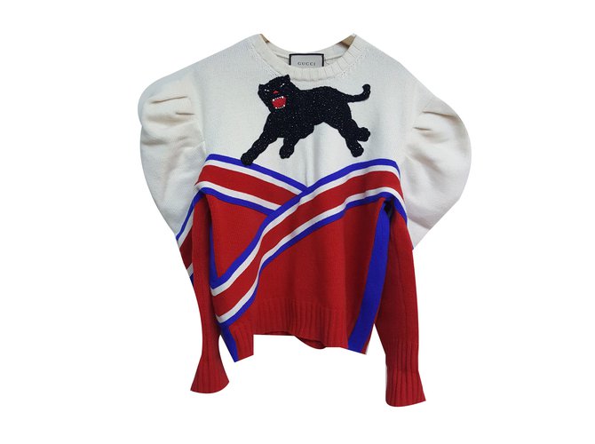 Gucci Panther Appliqué suéter de lã de ombro plissado Preto Branco Vermelho Azul  ref.49648