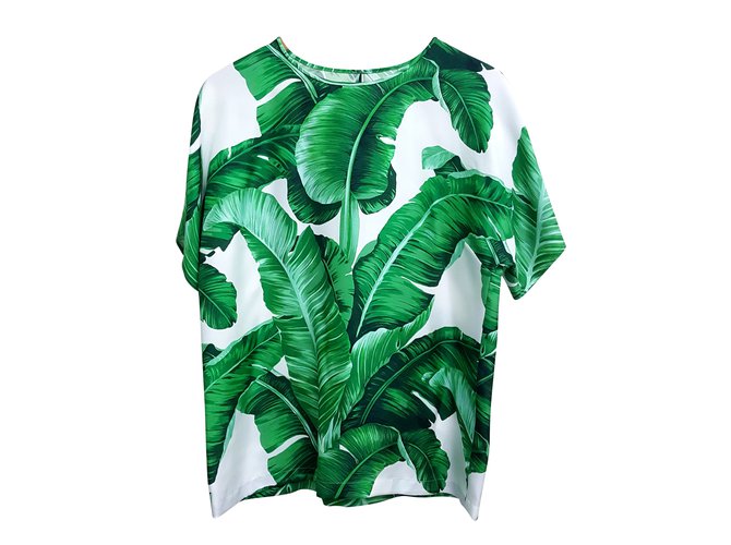 DOLCE & GABBANA Banana Leaf Print Blouse Pre-Fall 2016 White Green Silk   - Joli Closet