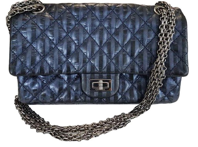 Chanel Navy Blue Striped Metallic Handbags Leather Ref 50167 Chanel Navy Blue Striped Metallic Handbags Leather Ref 50167
