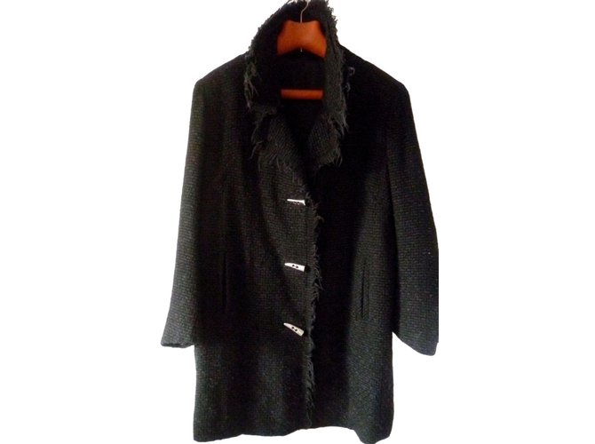 inconnue Manteau en lainage noir avec franges et boutons originaux Laine  ref.50561