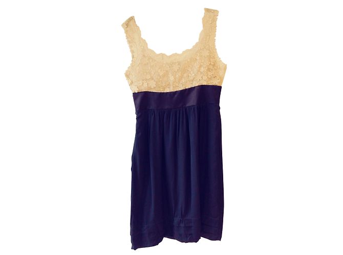 Sportmax Mini Kleid Broderie Blumen Seide Creme und Navy Blau