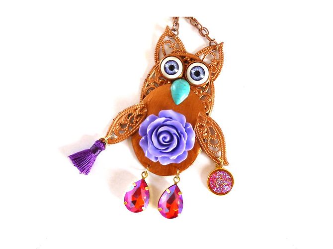 Autre Marque Collana lunga con gufo in metallo ramato e cristalli rosa Rame
