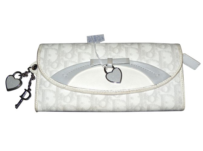 Christian Dior portafogli Bianco Grigio Pelle Panno  ref.51127