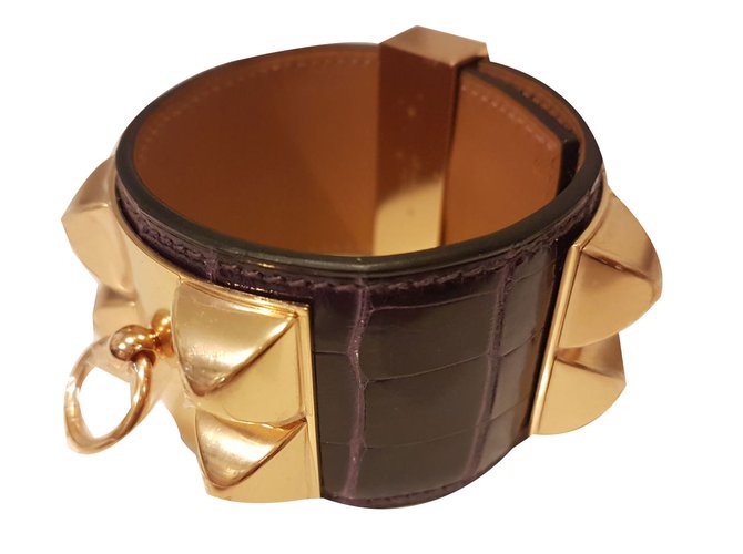 Bracelet "collier de chien" de Hermès Cuirs exotiques Plaqué or Violet  ref.51463