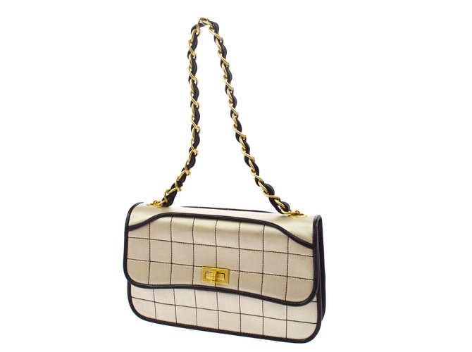 2.55 Chanel Handbags Black Beige Golden Leather Metal Satin  ref.52071