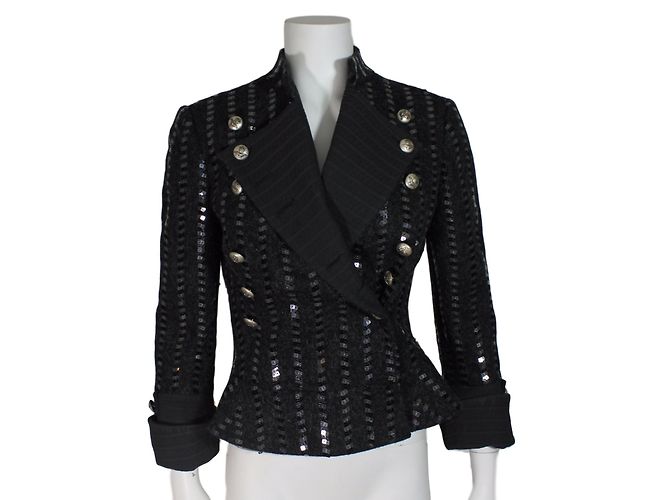 Armani short jacket black wool silver sequins Silvery