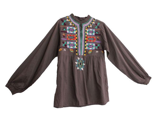 Antik Batik Baumwoll-Smock-Top mit besticktem Ausschnitt Braun Mehrfarben