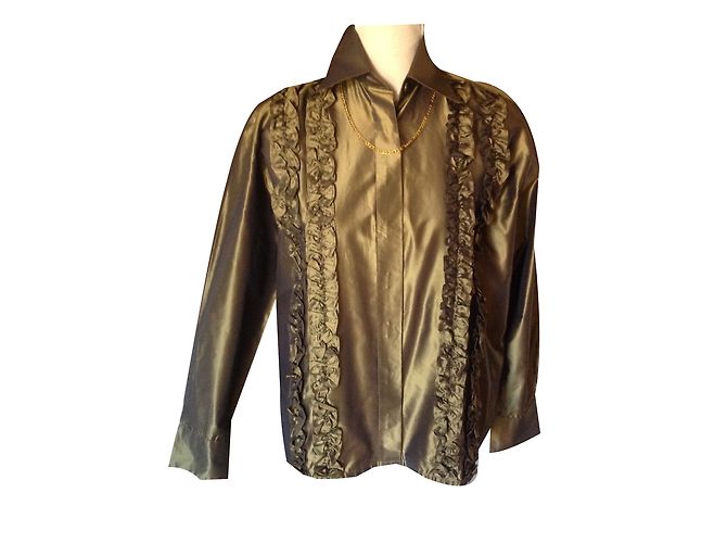 Yves Saint Laurent Camicia in seta con jabot kaki Cachi