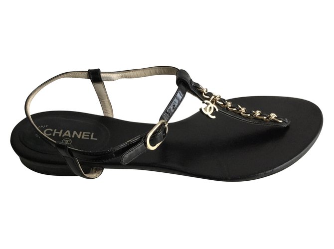 Chanel Sandálias Preto Couro  ref.53197