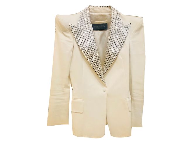 Balmain White Cotton Jacket with Swarovski Collar