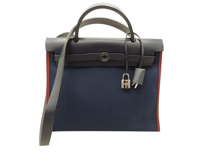 Hermès Fecho herbag 31 Azul marinho Lona  ref.53253