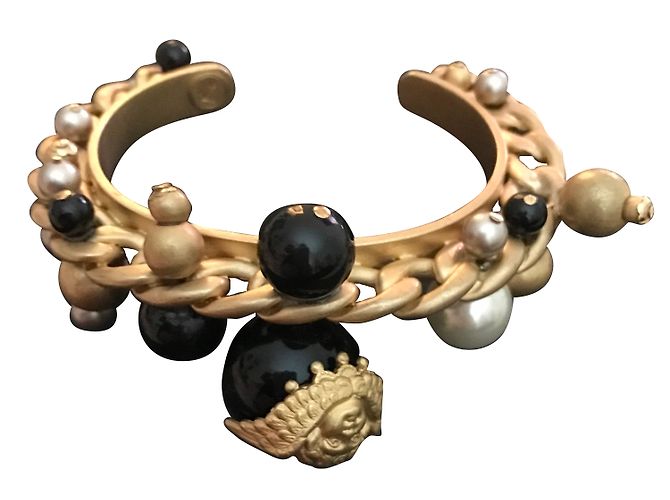 Pulseira rígida Reminiscence dourada com pérolas pretas e brancas Dourado