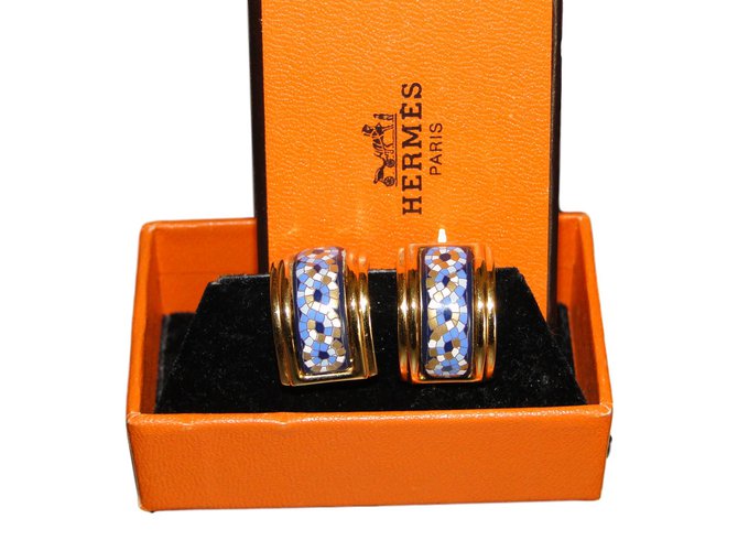 Hermès Aretes Azul Dorado Chapado en oro  ref.53784