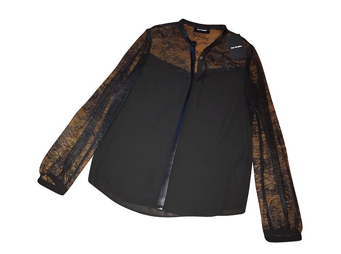 The Kooples Camicia in Crepe e Pizzo Nera con Dettagli in Pelle