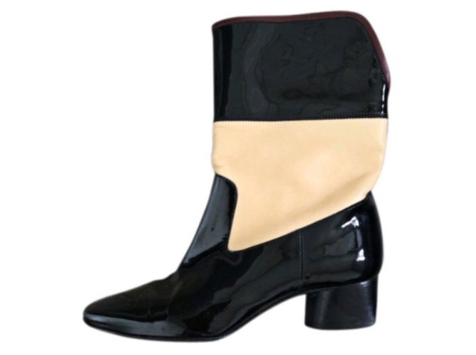 Chanel Bottines Cuir vernis Cuir d'agneau Noir Beige  ref.54062