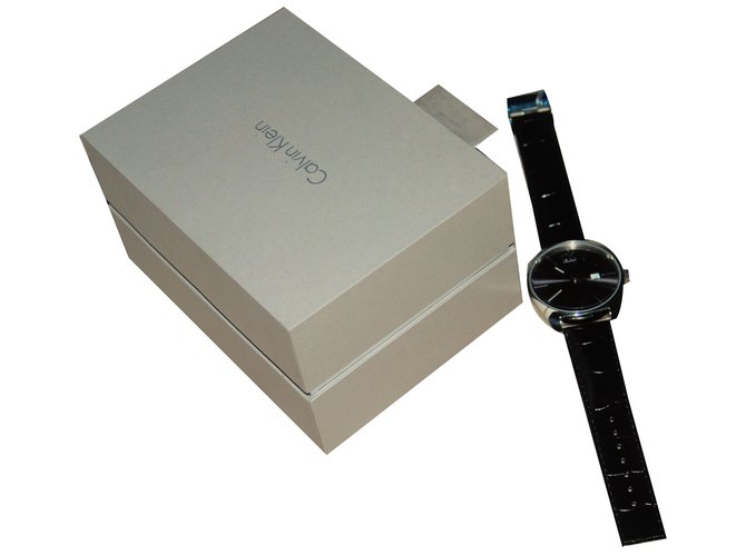 Calvin Klein Watche de quartzo Preto Prata Couro Aço  ref.54725