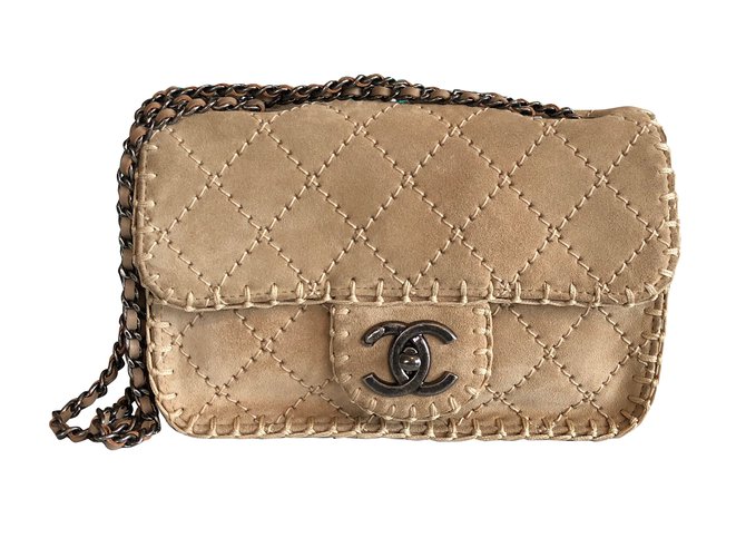 Classique Chanel Sac timeless Suede Beige  ref.55063