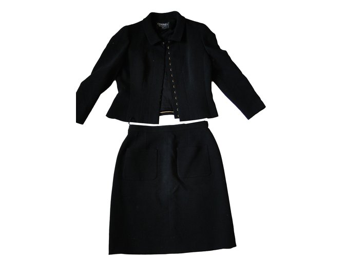 Chanel Skirt suit Black Silk Wool Acrylic  ref.55238