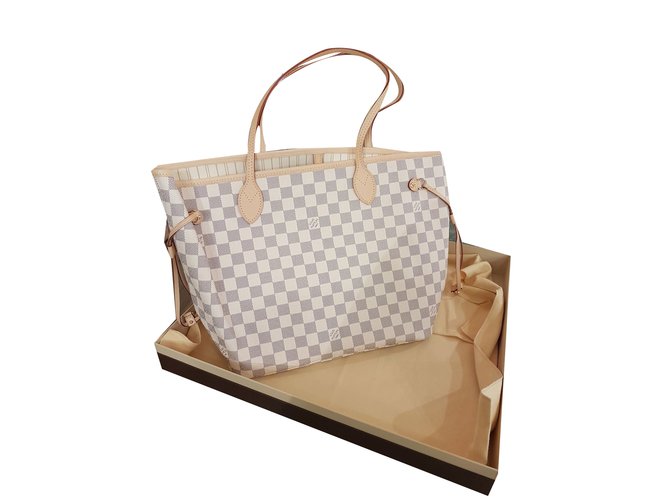 Neverfull Louis Vuitton neverful Branco Couro Lona  ref.55360