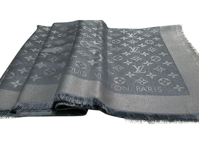 Louis Vuitton Klassischer Monogrammschal Grau Seide