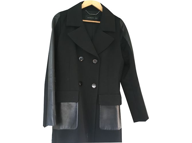 Barbara Bui Black Wool Coat with Lambskin Details Size 42