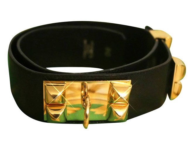 Hermès Cinturón Collier De Chien Negro Cuero Chapado en oro  ref.55950