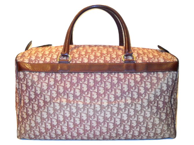 CHRISTIAN DIOR bagages sac Boston 45 tissu Dior oblique Cuir Écru Bordeaux  ref.56047