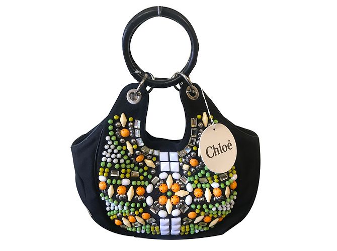 Bolsa Chloé de linho preto com detalhes em contas