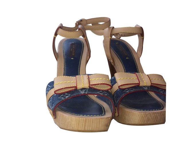 Louis Vuitton sandali Blu Pelle Legno Panno  ref.56460