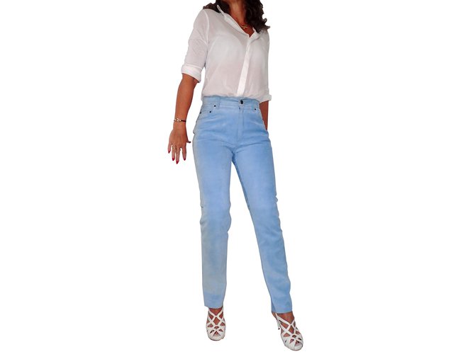 Hermès Pantalones, polainas Azul Gamuza  ref.56584