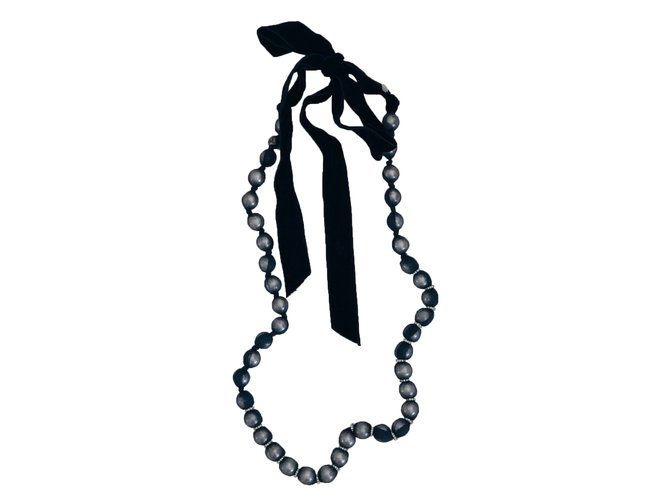 Lanvin Perlenseide lange Halskette Grau  ref.56934