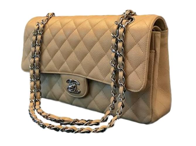 Timeless Chanel 2.55 caviar forrado flap clássico Bege Couro  ref.57156