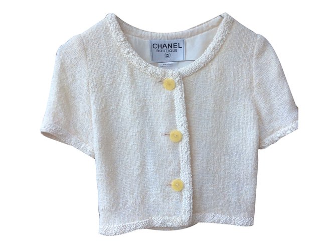 Chanel Petite veste manches cou Coton Blanc cassé  ref.57280