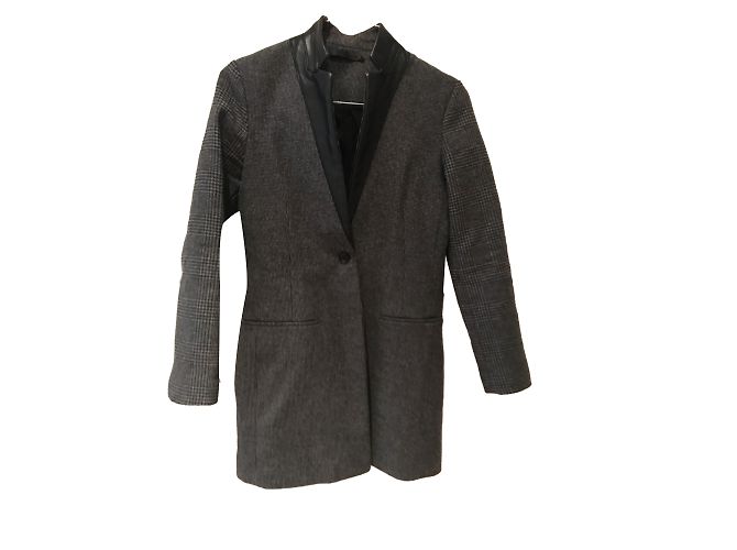 All Saints Grey Gingham Wool Coat with Leather Details