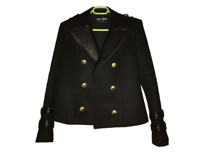 Balmain Coats, Outerwear Black Leather Cashmere Wool  ref.58456