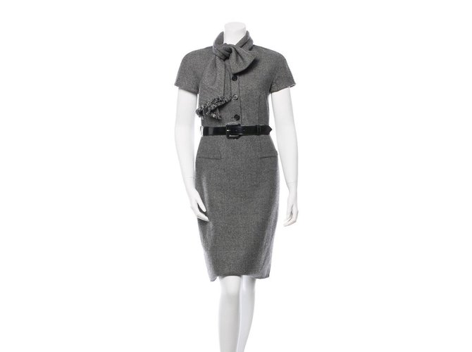 Christian Dior Dior bow scarf wool sheath dress Grey  ref.58686