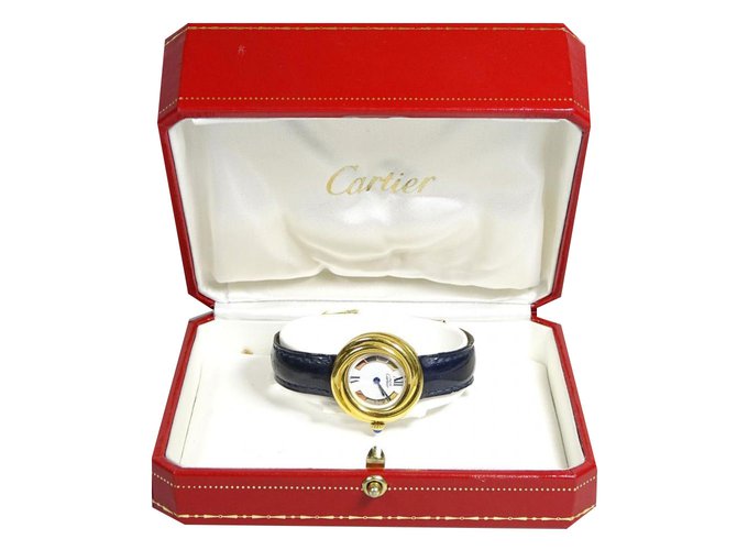 Love CARTIER  Three-Gold Trinity Watch Blue Golden Leather Silver Gold-plated  ref.59113